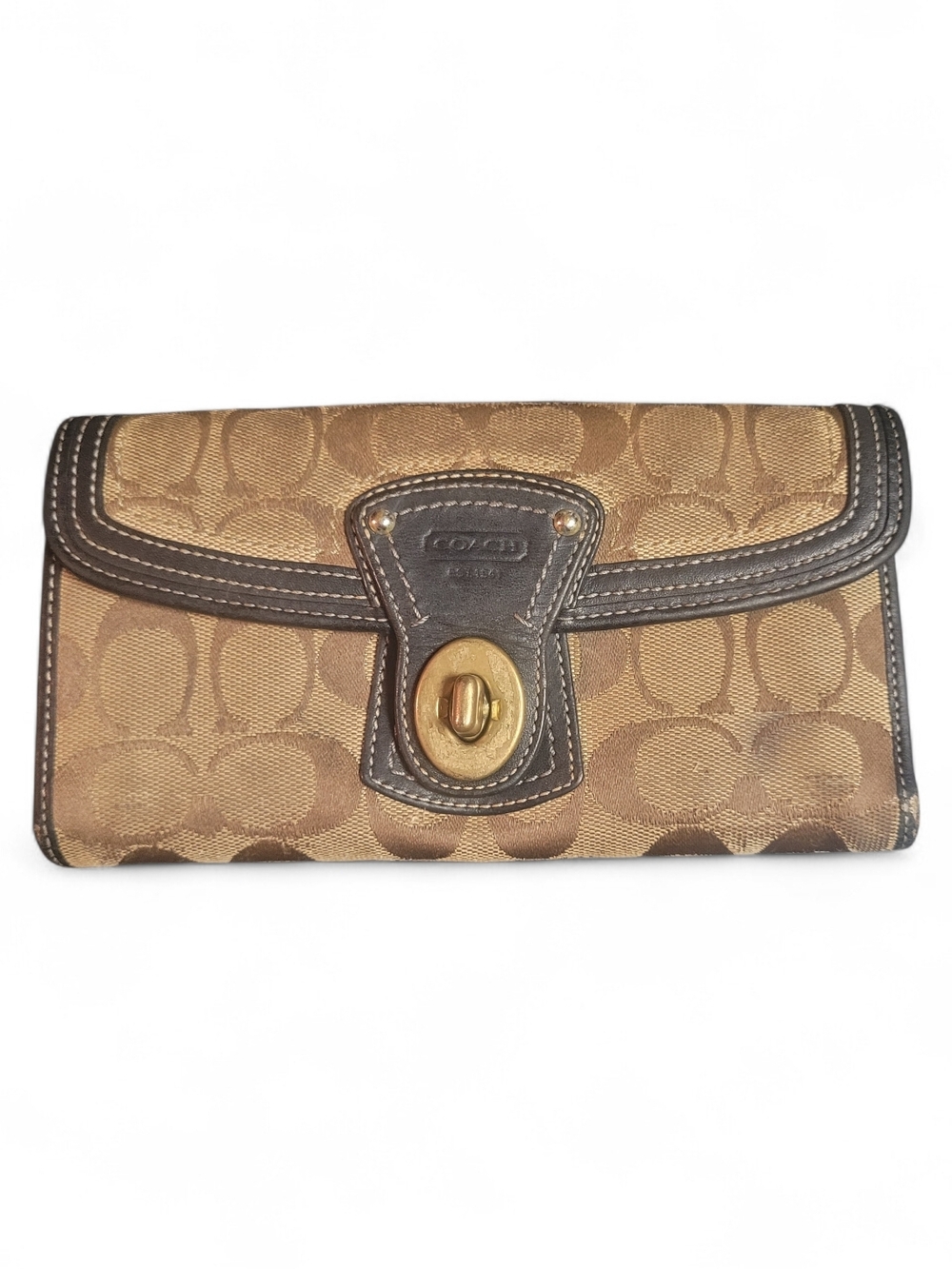 Coach Brown/Tan Signature Canvas Turn-Lock Wallet
